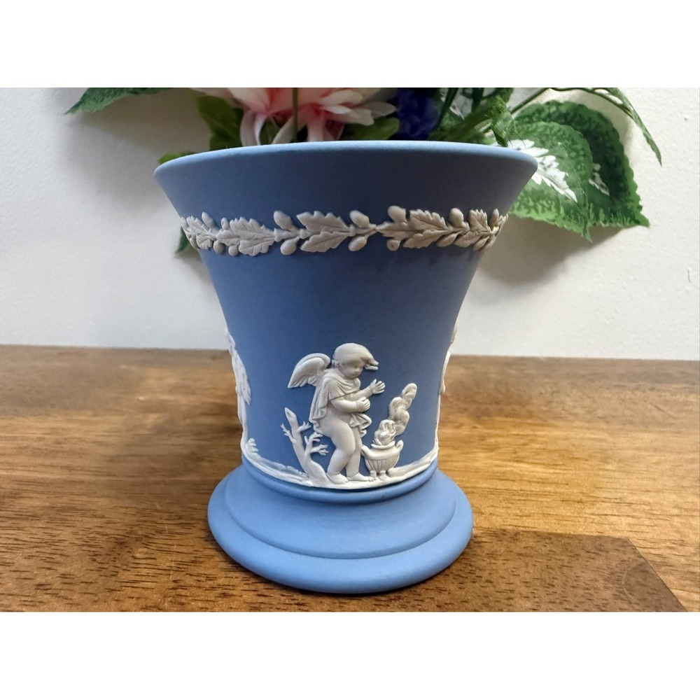 Wedgwood Blue Jasperware Cherub Vase Mini Classical Blue White Decor Cottagecore